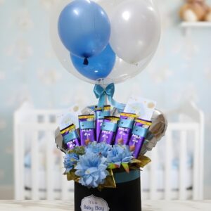 balloon gift box with chocolates & artificial flowers